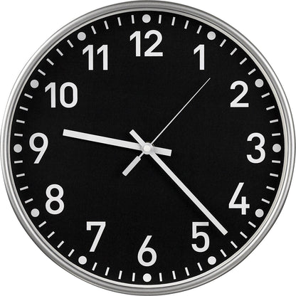 Wall clock, quartz time keeping mechanism, Ø 300 mm, housing silver, clock face black.