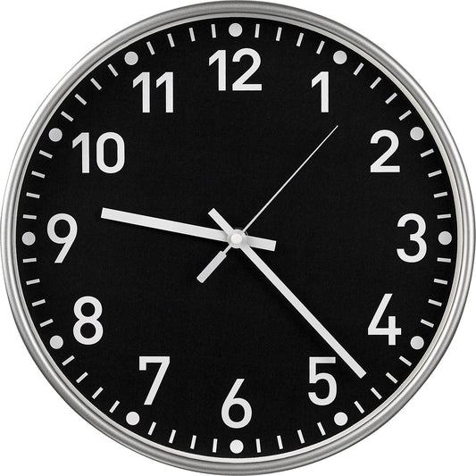 Wall clock, quartz time keeping mechanism, Ø 300 mm, housing silver, clock face black.