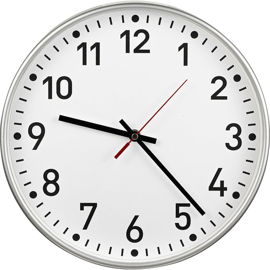 Wall clock, quartz time keeping mechanism, Ø 300 mm, housing silver, clock face white.