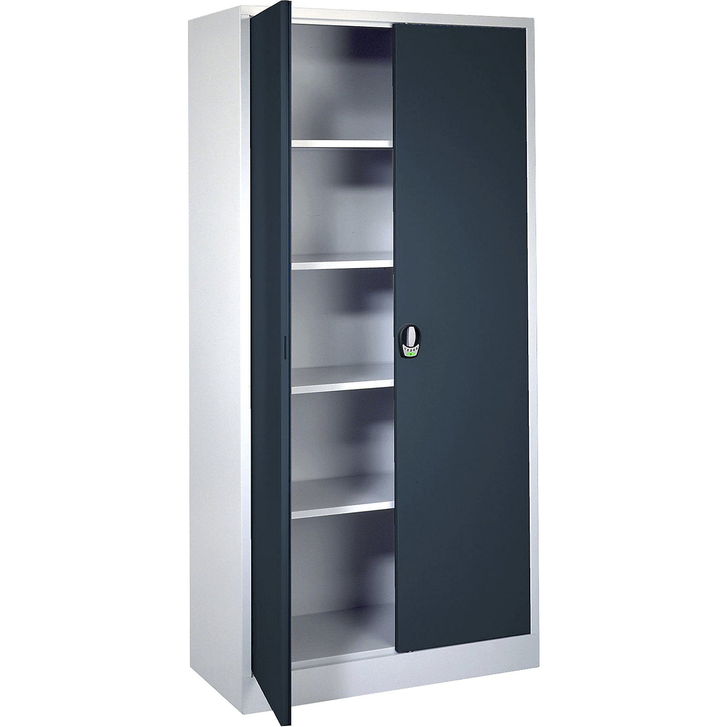 Double door cupboard with E lock, with solid panel doors, light grey / charcoal.