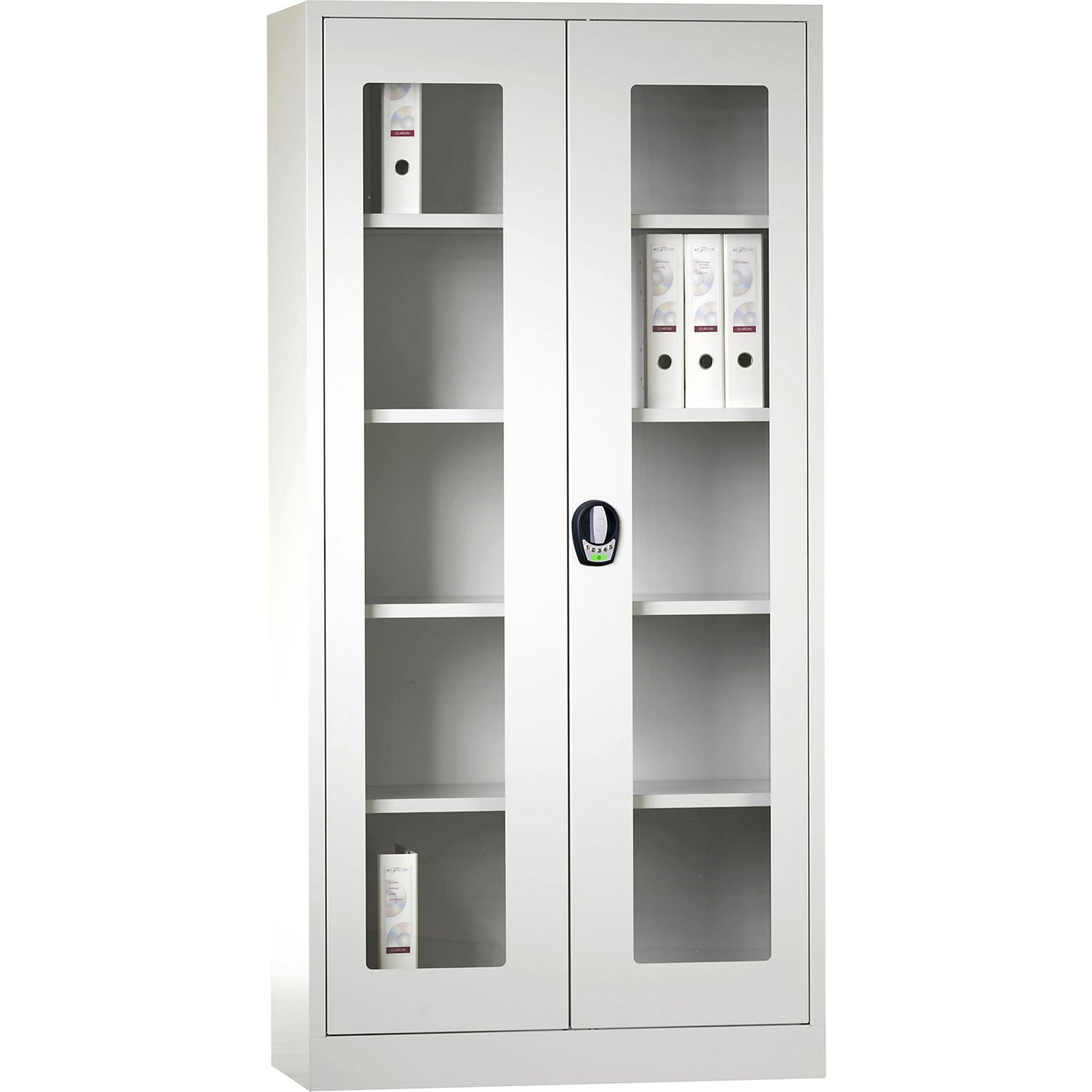 Double door cupboard with E lock, with vision panel doors, light grey / light grey.