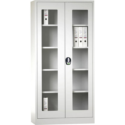 Double door cupboard with E lock, with vision panel doors, light grey / light grey.