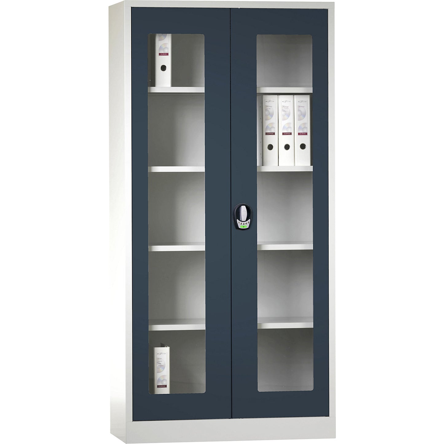 Double door cupboard with E lock, with vision panel doors, light grey / charcoal.