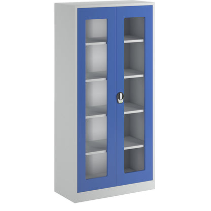 Double door cupboard with E lock, with vision panel doors, light grey / gentian blue.