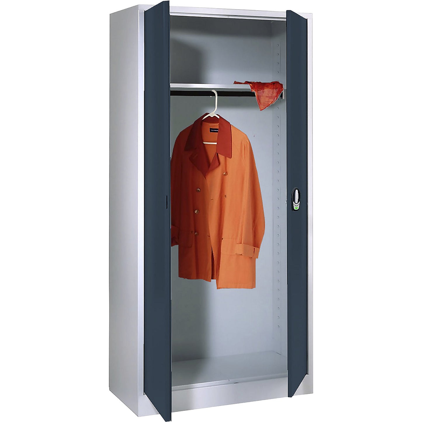 Cloakroom double door cupboard with E lock, with solid panel doors, light grey / charcoal.