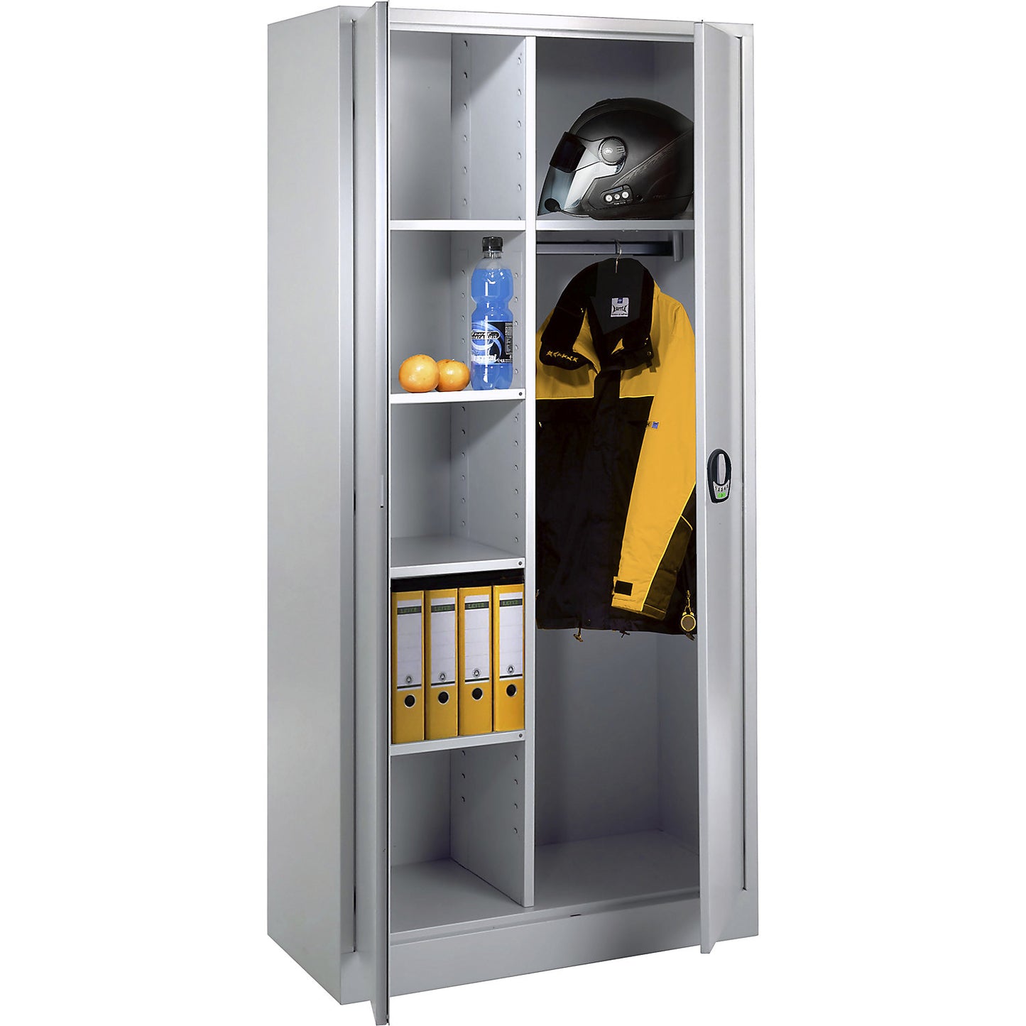 Multi-purpose cloakroom cupboard with E lock, with solid panel doors, light grey / light grey.
