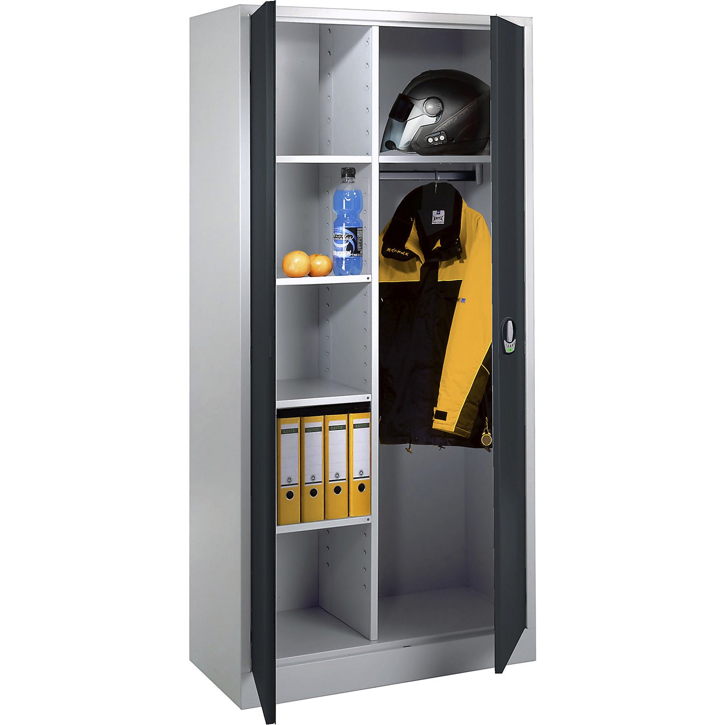 Multi-purpose cloakroom cupboard with E lock, with solid panel doors, light grey / charcoal.
