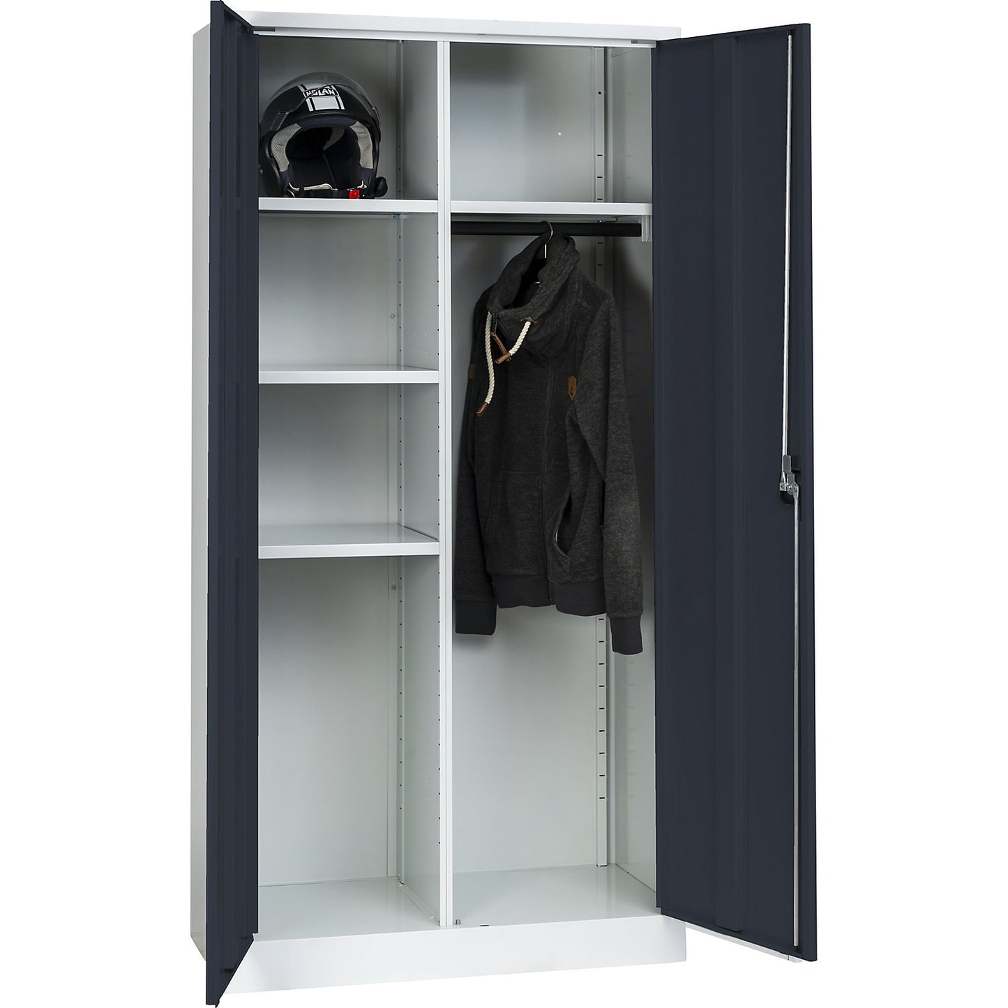 Multi-purpose cloakroom cupboard with E lock, with solid panel doors, light grey / charcoal.