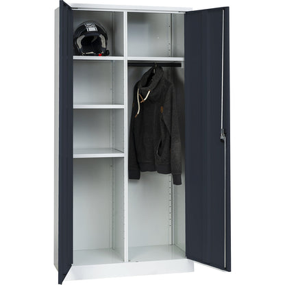 Multi-purpose cloakroom cupboard with E lock, with solid panel doors, light grey / charcoal.