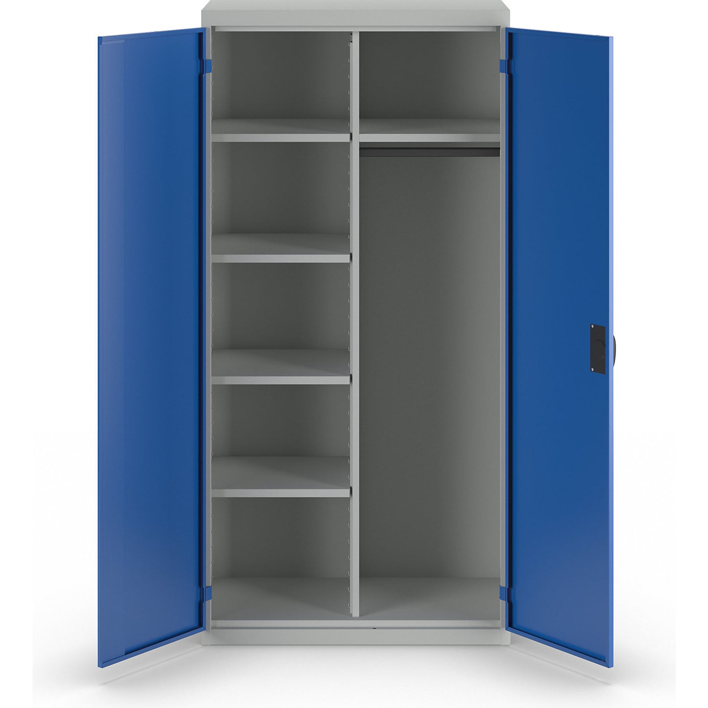 Multi-purpose cloakroom cupboard with E lock, with solid panel doors, light grey / gentian blue.