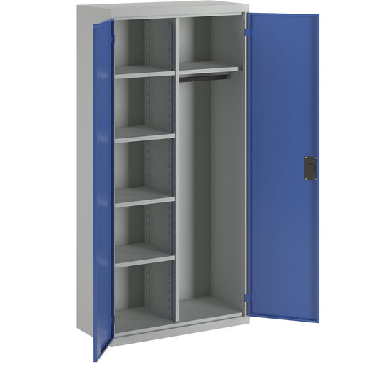 Multi-purpose cloakroom cupboard with E lock, with solid panel doors, light grey / gentian blue.