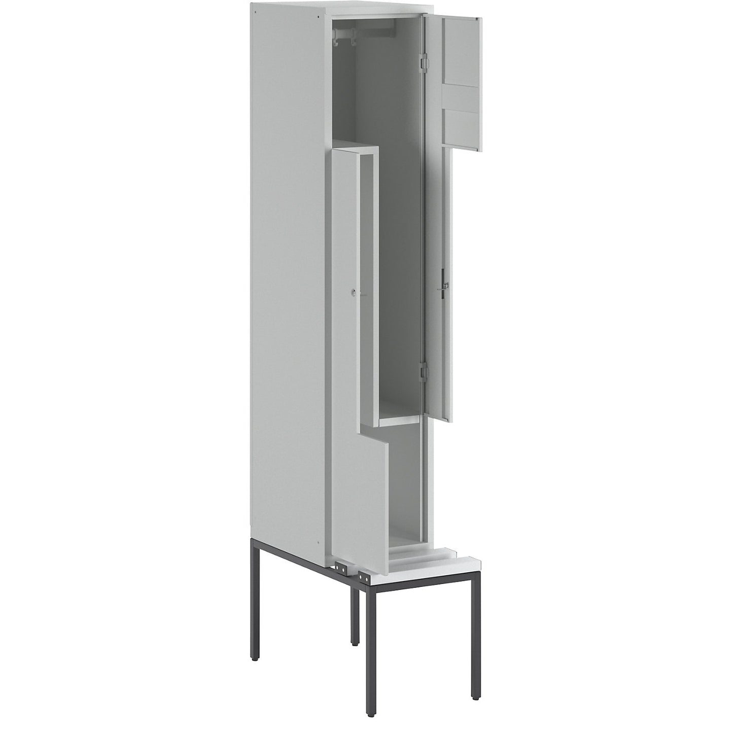 München Z locker with bench seat, 1 compartment, W 400 mm, light grey doors.