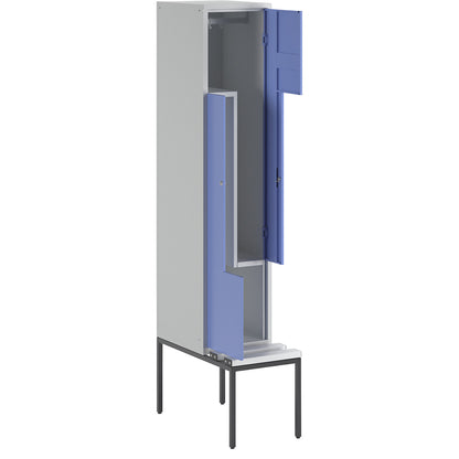 München Z locker with bench seat, 1 compartment, W 400 mm, light blue doors.