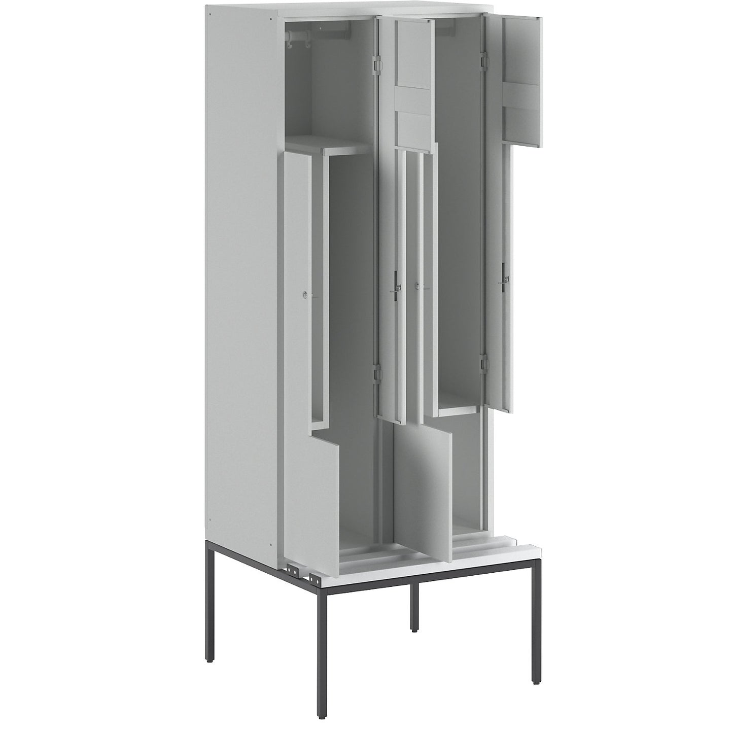 München Z locker with bench seat, 2 compartments, W 800 mm, light grey doors.