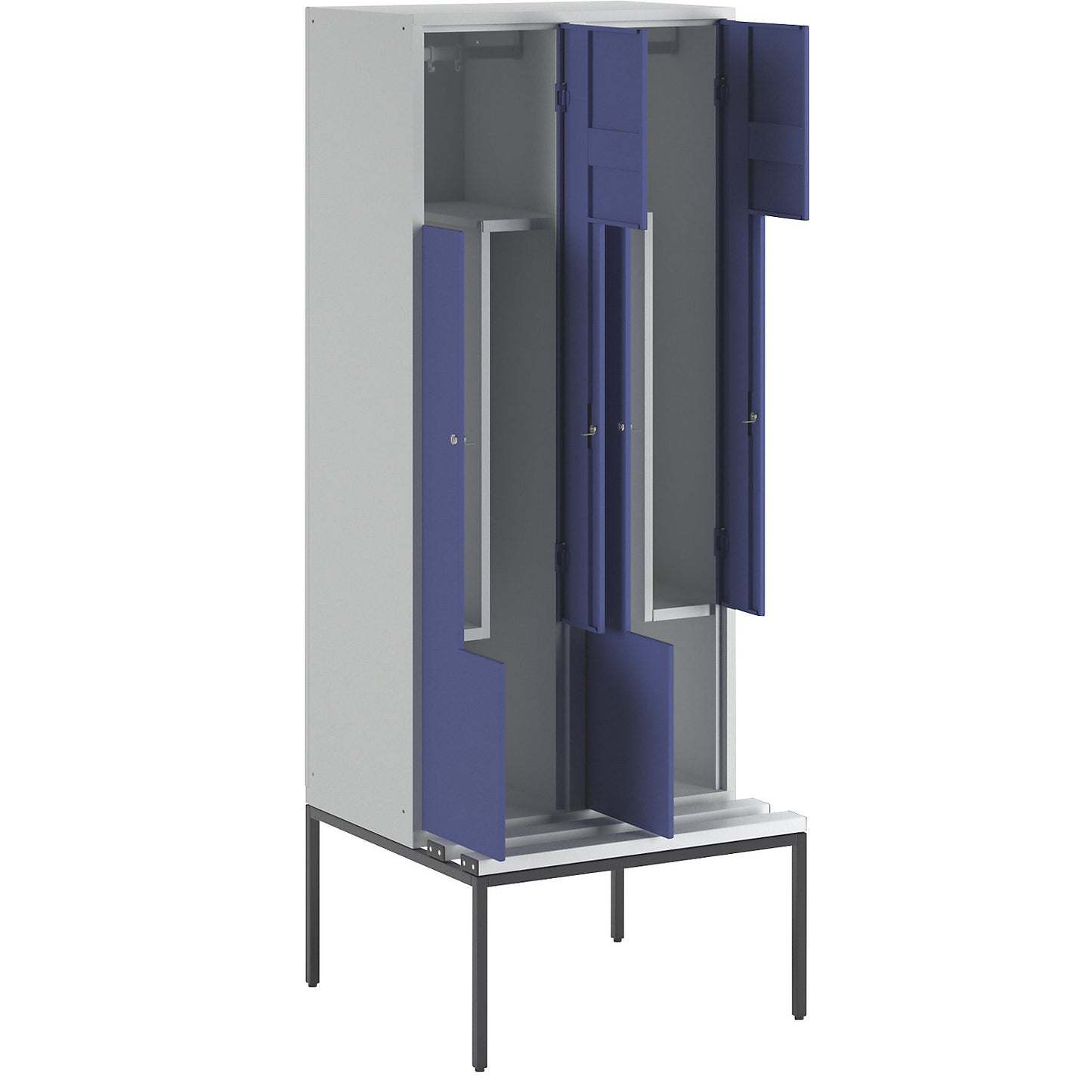 München Z locker with bench seat, 2 compartments, W 800 mm, gentian blue doors.