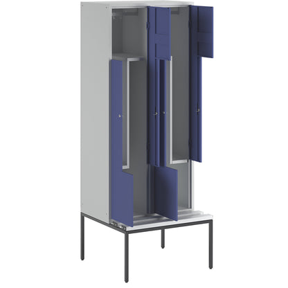 München Z locker with bench seat, 2 compartments, W 800 mm, gentian blue doors.