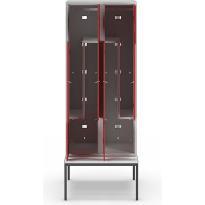 München Z locker with bench seat, 2 compartments, W 800 mm, doors flame red.