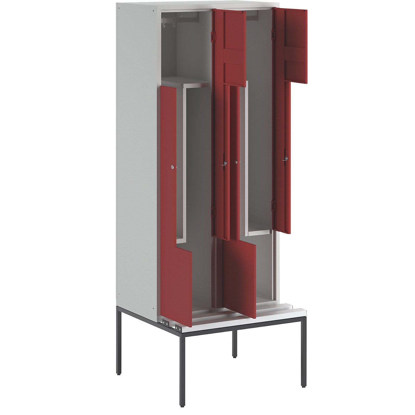 München Z locker with bench seat, 2 compartments, W 800 mm, doors flame red.