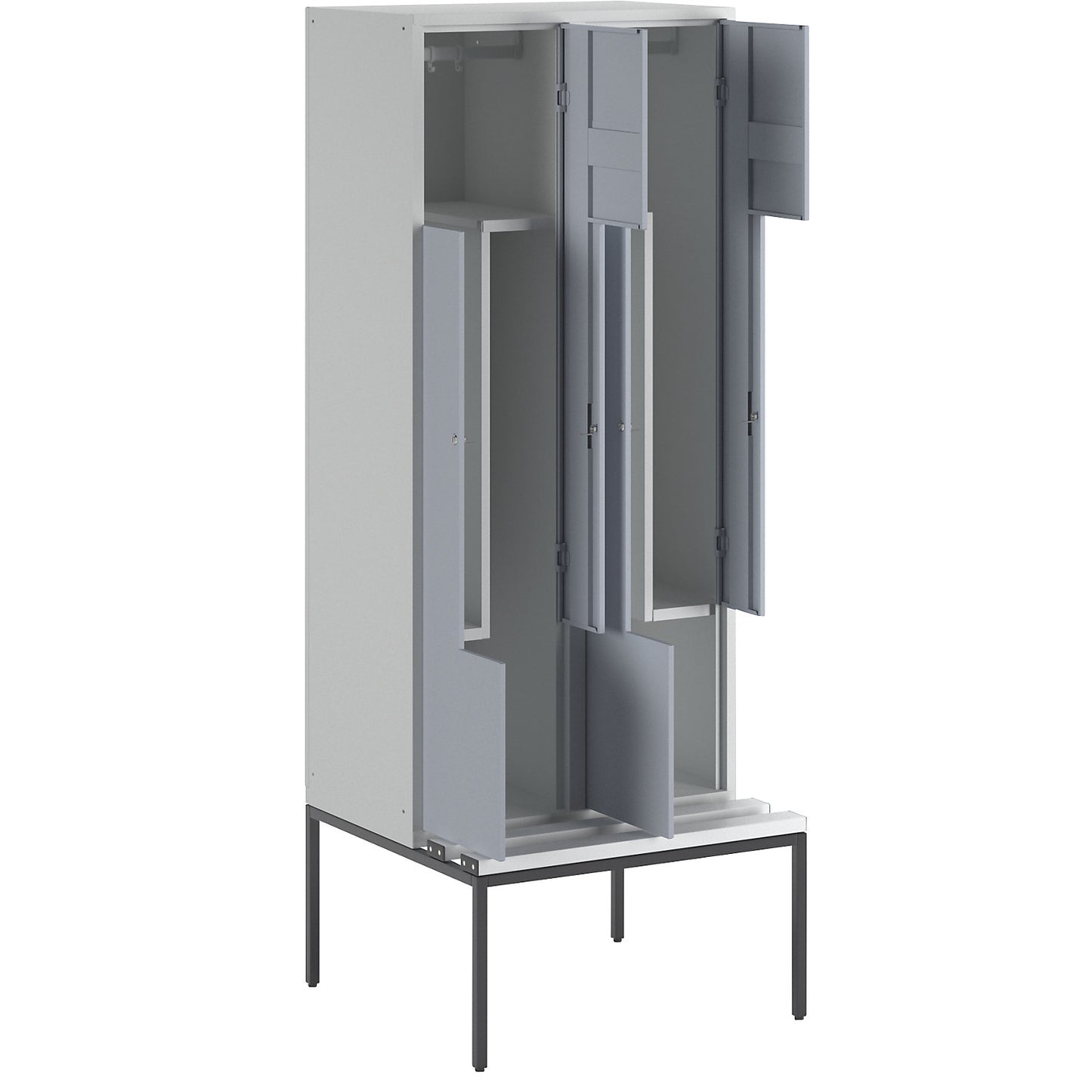 München Z locker with bench seat, 2 compartments, W 800 mm, doors silver grey.