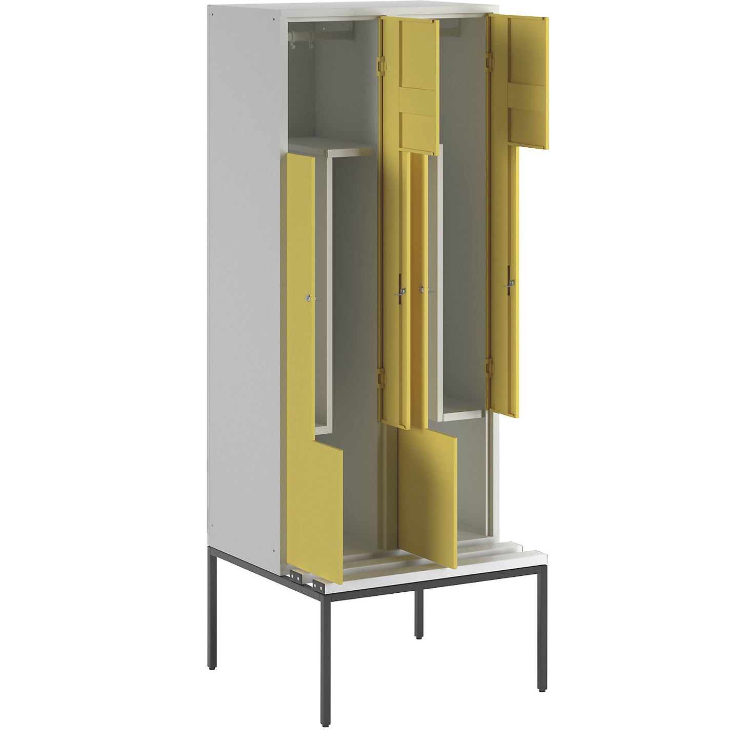 München Z locker with bench seat, 2 compartments, W 800 mm, doors zinc yellow.