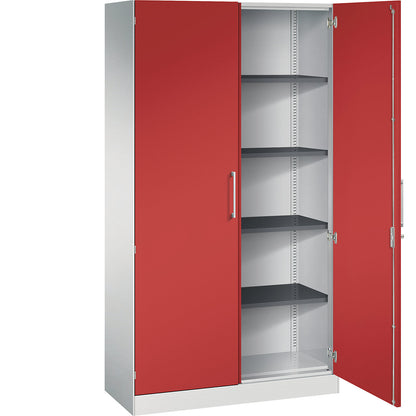 ASISTO double door cupboard, height 1980 mm, width 1000 mm, 4 shelves, light grey/flame red.