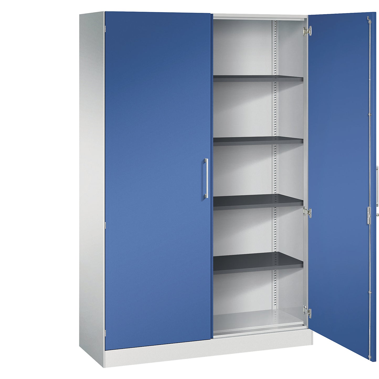 ASISTO double door cupboard, height 1980 mm, width 1200 mm, 4 shelves, light grey/gentian blue.