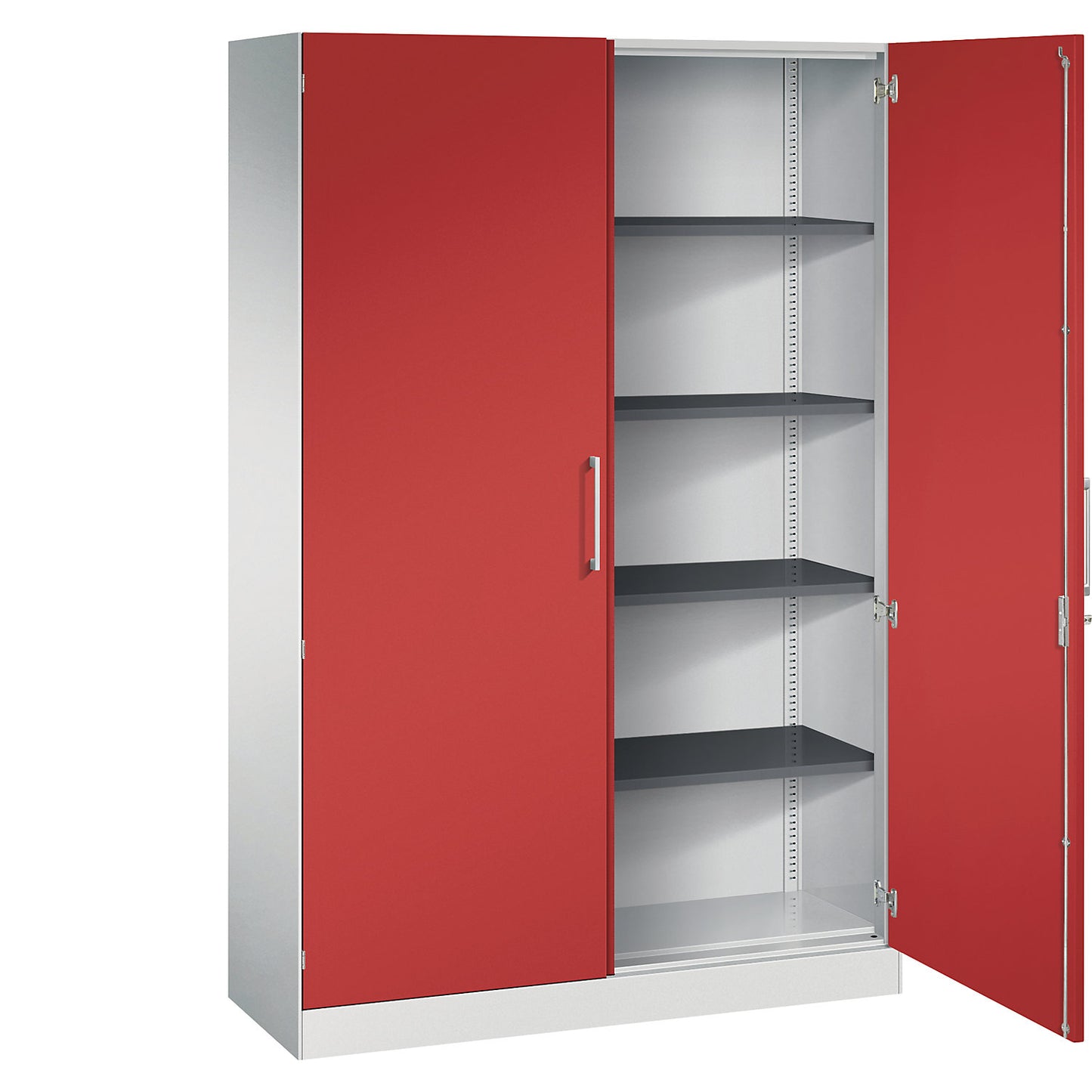 ASISTO double door cupboard, height 1980 mm, width 1200 mm, 4 shelves, light grey/flame red.