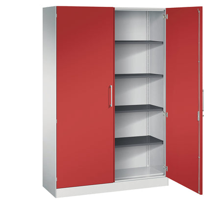 ASISTO double door cupboard, height 1980 mm, width 1200 mm, 4 shelves, light grey/flame red.