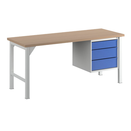Workbench, width 2000 mm, 3 drawers 1 x 125 / 2 x 175 mm, light grey/gentian blue.