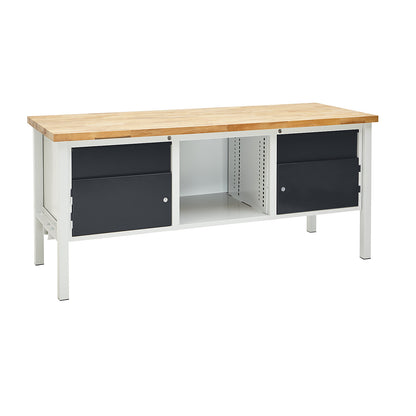 Workbench, width 2000 mm, 2 x 175 mm drawers, 2 x 300 mm doors, light grey/charcoal.