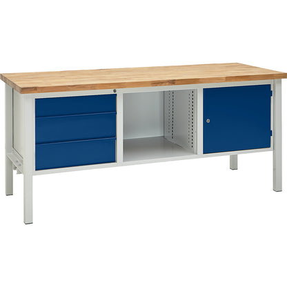 Workbench, width 2000 mm, 3 drawers 1 x 125 / 2 x 175 mm, 1 x 475 mm door, light grey/gentian blue.