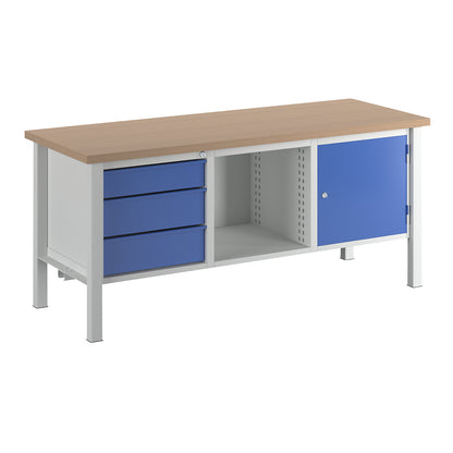 Workbench, width 2000 mm, 3 drawers 1 x 125 / 2 x 175 mm, 1 x 475 mm door, light grey/gentian blue.