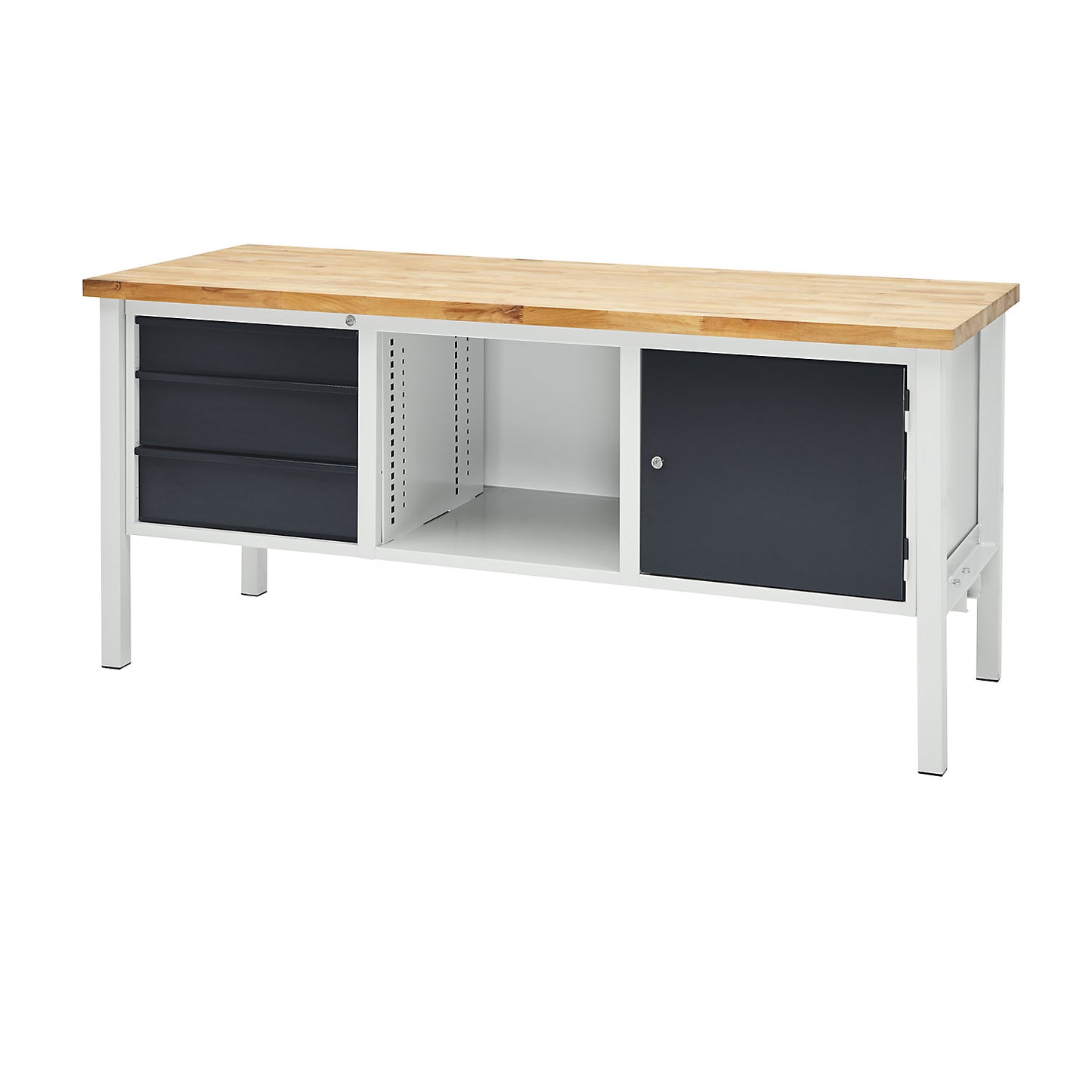 Workbench, width 2000 mm, 3 drawers 1 x 125 / 2 x 175 mm, 1 x 475 mm door, light grey/charcoal.