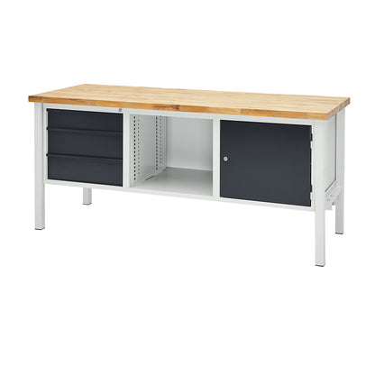 Workbench, width 2000 mm, 3 drawers 1 x 125 / 2 x 175 mm, 1 x 475 mm door, light grey/charcoal.