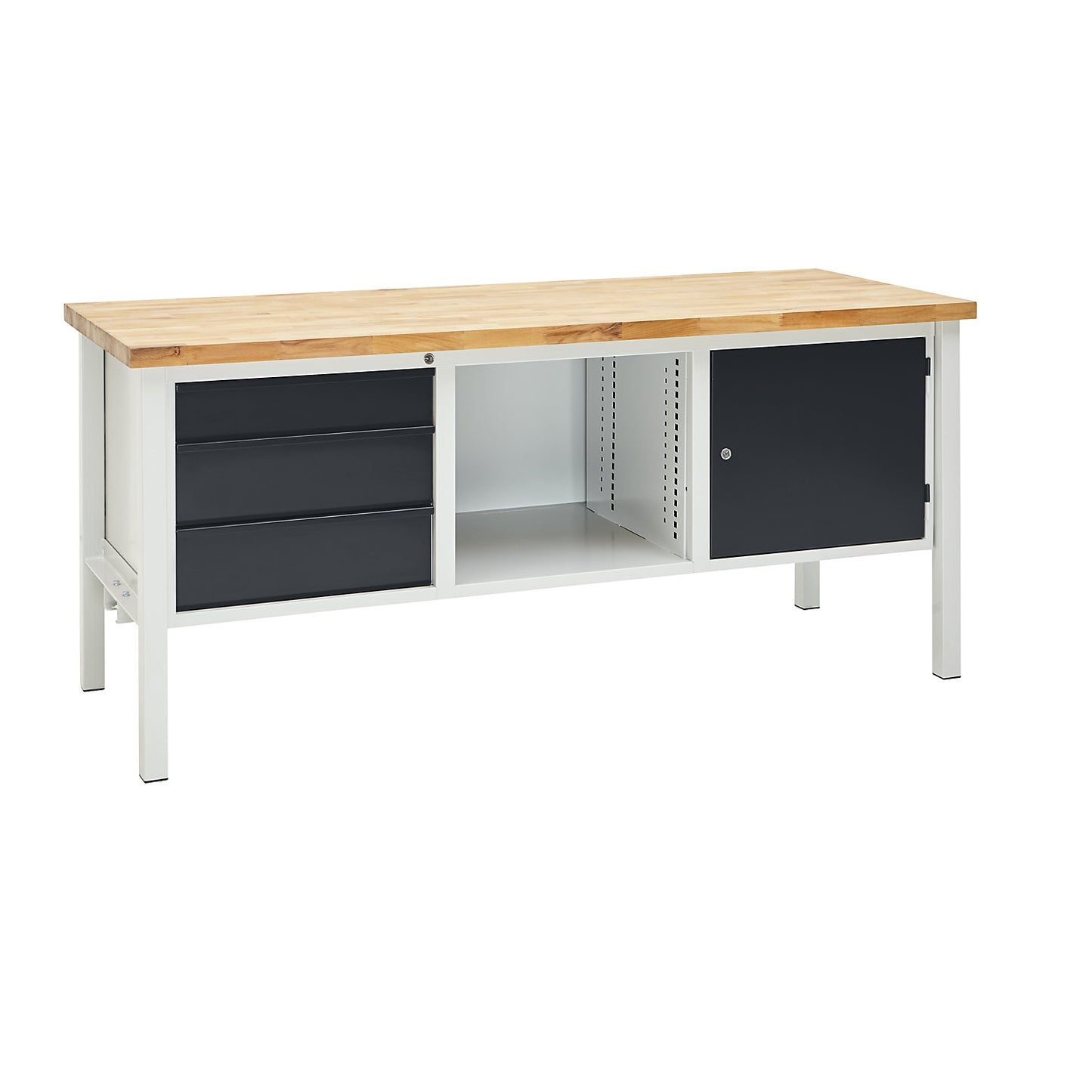 Workbench, width 2000 mm, 3 drawers 1 x 125 / 2 x 175 mm, 1 x 475 mm door, light grey/charcoal.