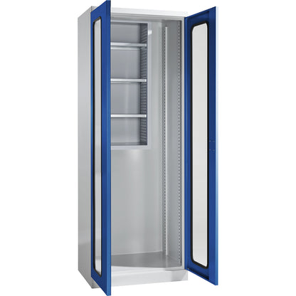 Equipment and cleaning cupboard, width 750 mm, vision panel doors, light grey / gentian blue.