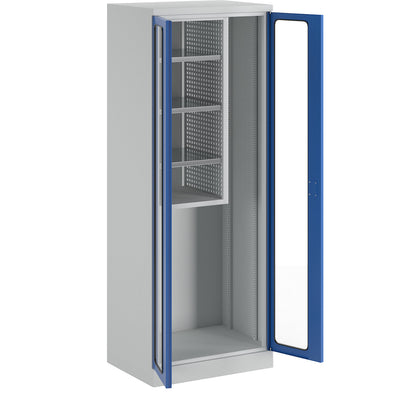 Equipment and cleaning cupboard, width 750 mm, vision panel doors, light grey / gentian blue.