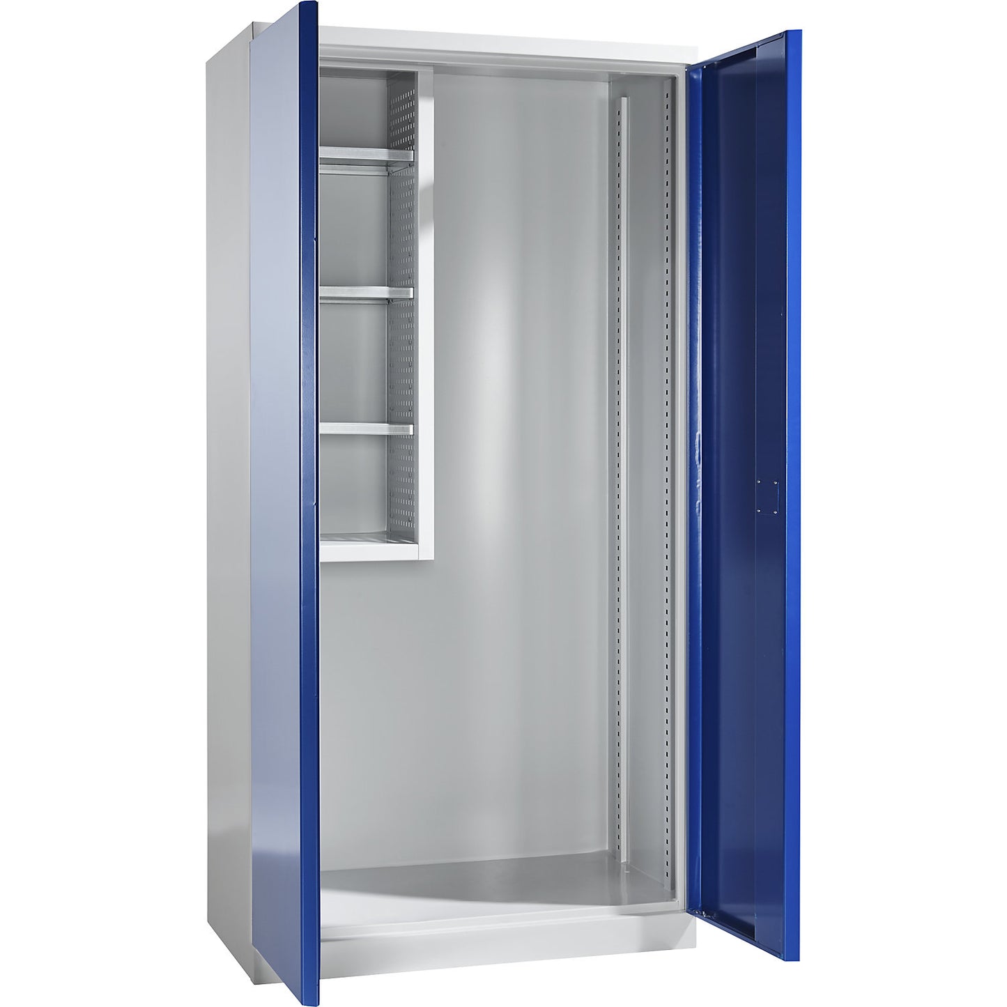 Equipment and cleaning cupboard, width 1000 mm, solid panel doors / 1 shelf box, light grey / gentian blue.
