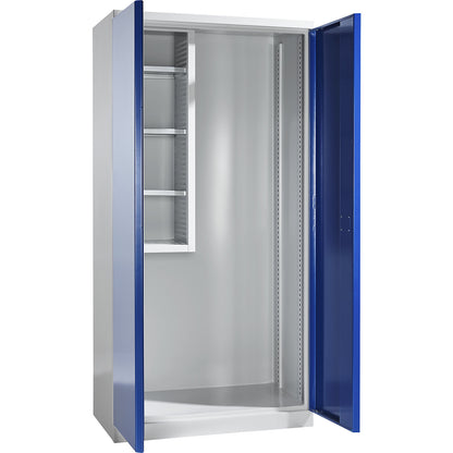 Equipment and cleaning cupboard, width 1000 mm, solid panel doors / 1 shelf box, light grey / gentian blue.