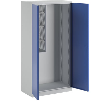 Equipment and cleaning cupboard, width 1000 mm, solid panel doors / 1 shelf box, light grey / gentian blue.