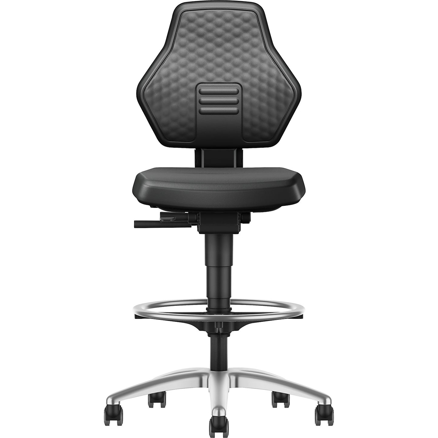 AIR FLOW industrial swivel chair, with sit-stop castors and foot ring, vinyl cover, black.