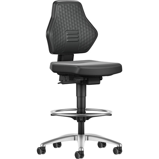 AIR FLOW industrial swivel chair, with sit-stop castors and foot ring, vinyl cover, black.