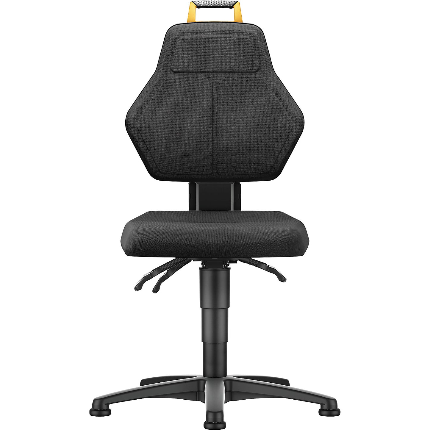 Industrial swivel chair, black, with floor glides, fabric cover.