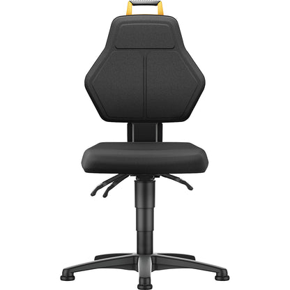 Industrial swivel chair, black, with floor glides, fabric cover.