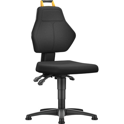 Industrial swivel chair, black, with floor glides, fabric cover.