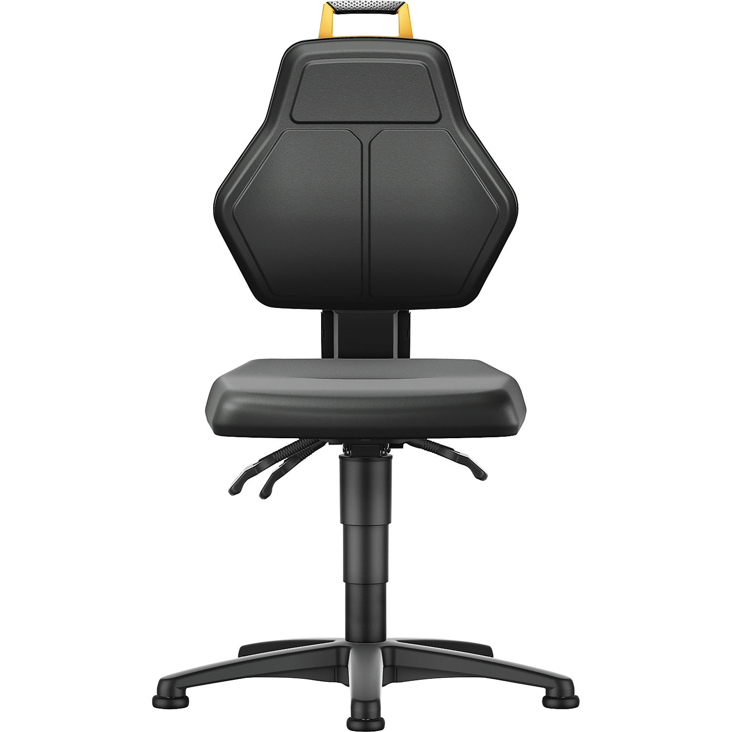 Industrial swivel chair, black, with floor glides, vinyl cover.