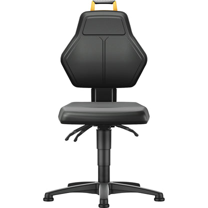 Industrial swivel chair, black, with floor glides, vinyl cover.
