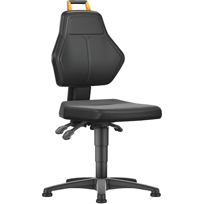 Industrial swivel chair, black, with floor glides, vinyl cover.