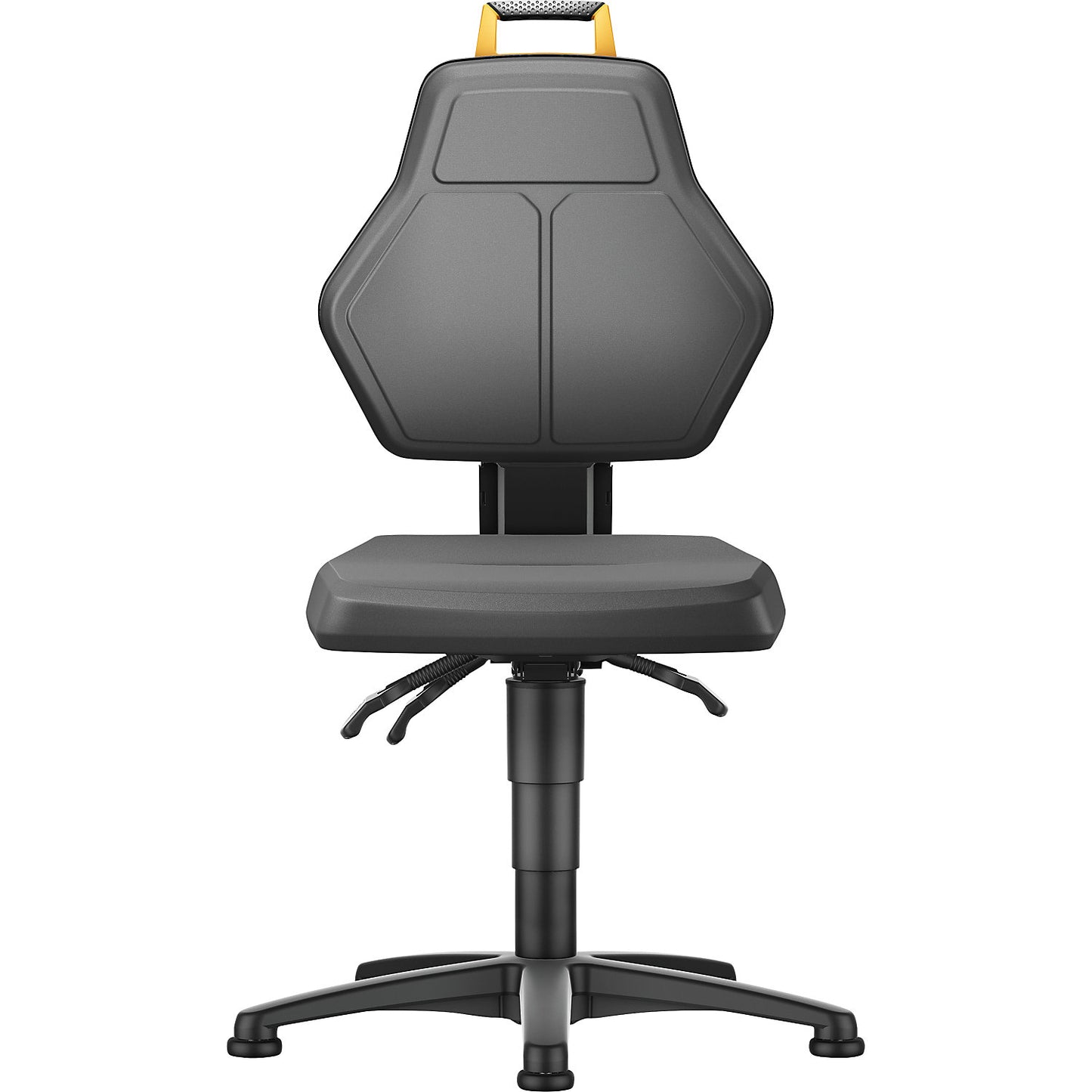 Industrial swivel chair, black, with floor glides, PU foam upholstery.
