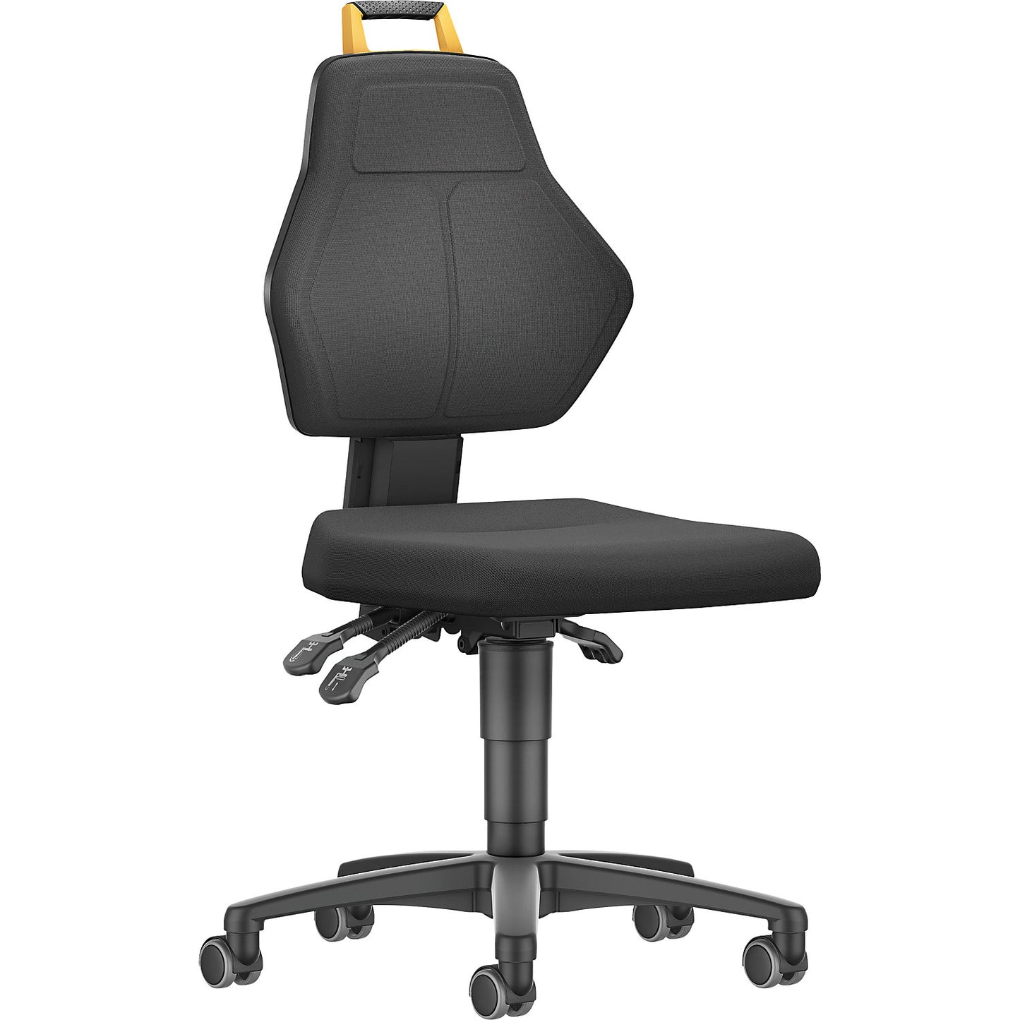 Industrial swivel chair, black, with castors, fabric cover.